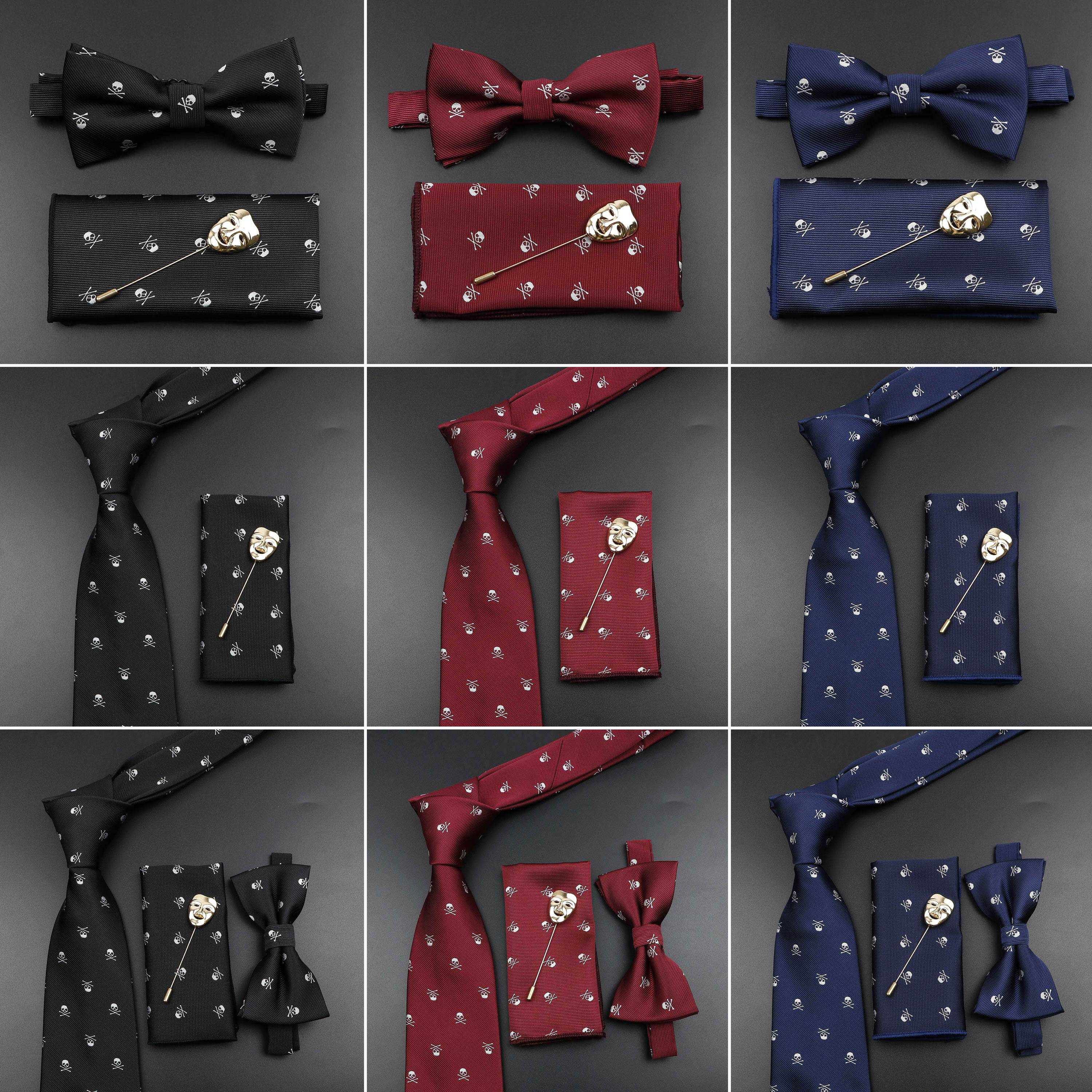 Moda masculina crânio gravata conjunto novo design 8cm poliéster terno colarinho lenço na moda máscara broche acessório de casamento de luxo
