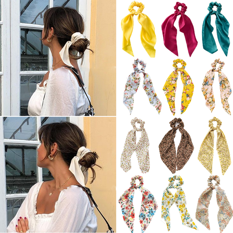 Fashion Print Bow Satin Meisjes Elastische Haarbanden Haar Accessoires Lange Lint Paardenstaart Sjaal Haar Tie Vrouwen Scrunchies Hoofdband