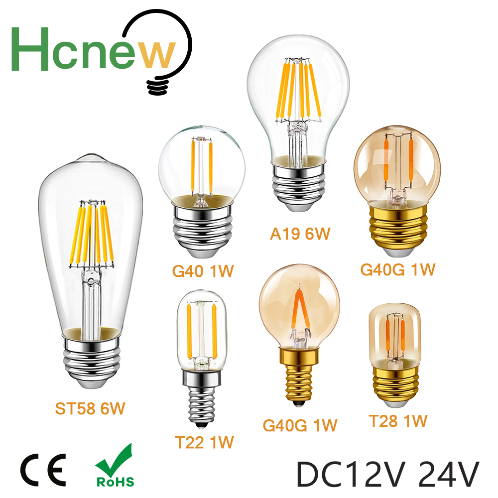 Lampu Filamen LED Tegangan Rendah E12 E14 Lampu LED DC12V 24V T22 G40 A19 ST58 6W Bohlam Lampu LED 2700K Lampu Ruangan RV Lokomotif
