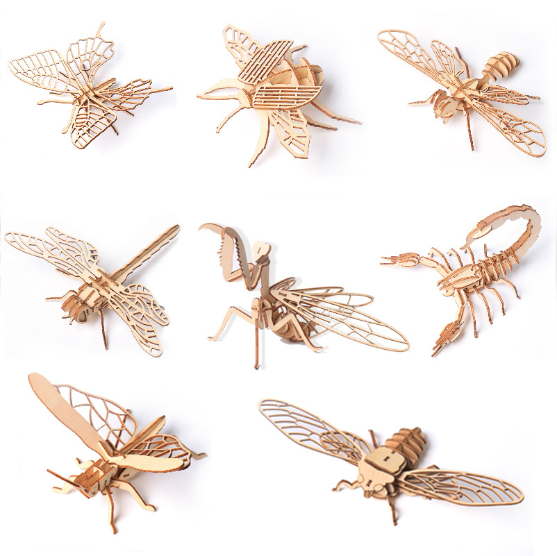 Puzzle en bois pour enfants, bricolage tridimensionnel 3D, modèle d'insecte assemblé à la main, jeu de cerveau, jouets pour enfants, cadeau
