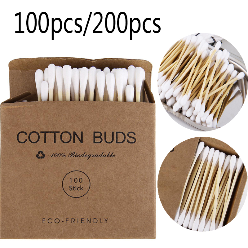 100/200 Viên Kraft Hộp Dùng Một Lần Hai Kết Thúc Tre Đầm Bông Mũi Tai Sạch Tre Bông Dính mềm Mại