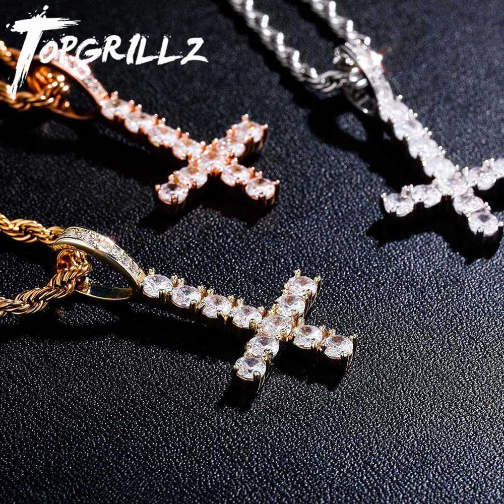 TOPGRILLZ Baru Terbalik CROSS Liontin Kualitas Tinggi Es Keluar Cubic Zirconia Pria Kalung Hip Hop Fashion Perhiasan untuk hadiah