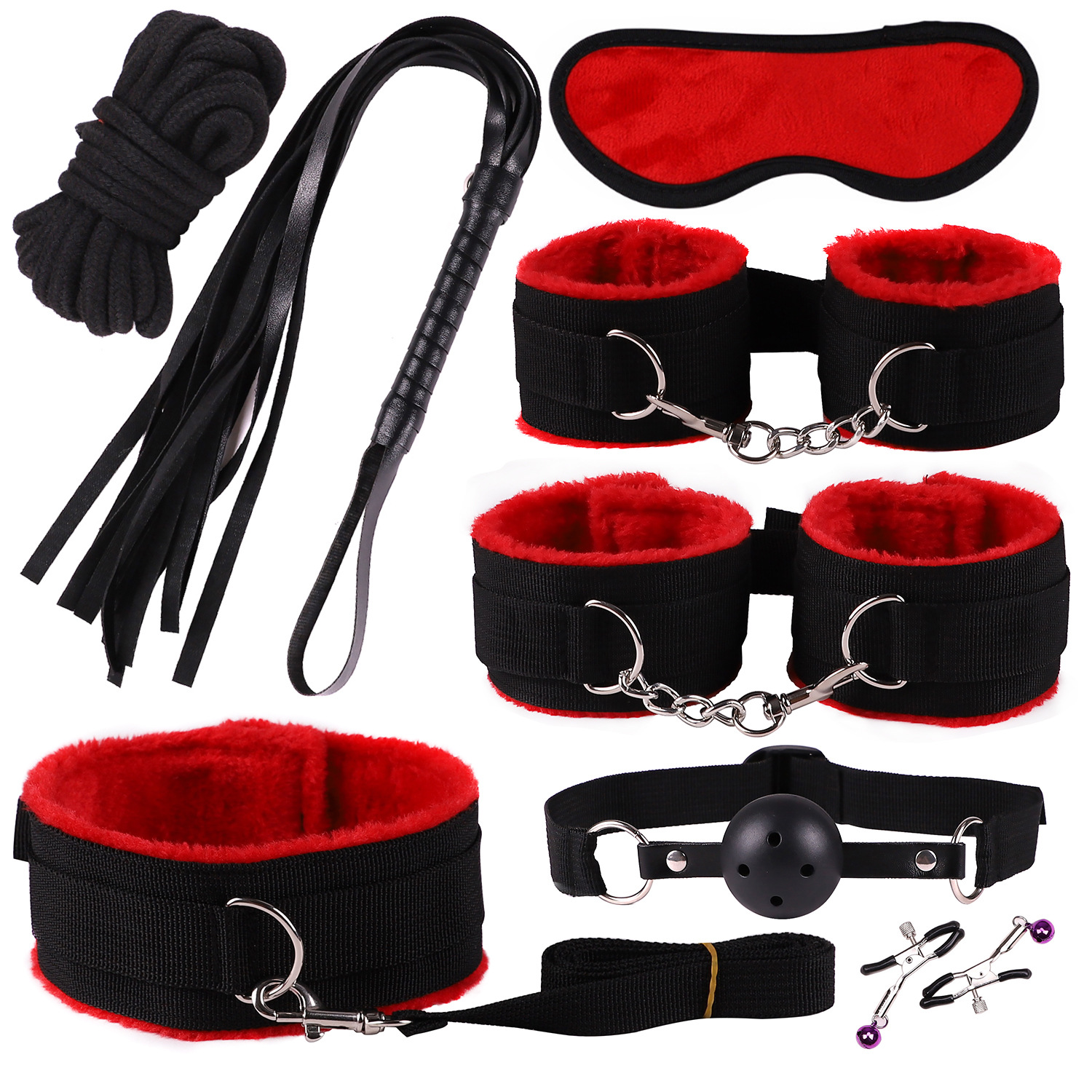 Kit de Bondage BDSM, 8 unidades/juego, esposas, pinzas para pezones, bola para la boca, látigo de mordaza, cuerda de algodón, Juguetes sexuales para parejas, máscara para ojos, Collar para el cuello