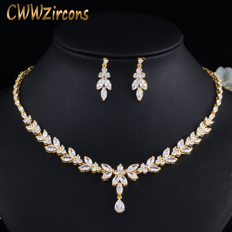 CWWZircons – collier en forme de feuille de zircone cubique pour femmes, ensemble de bijoux de mariage, couleur or, dubaï, T442