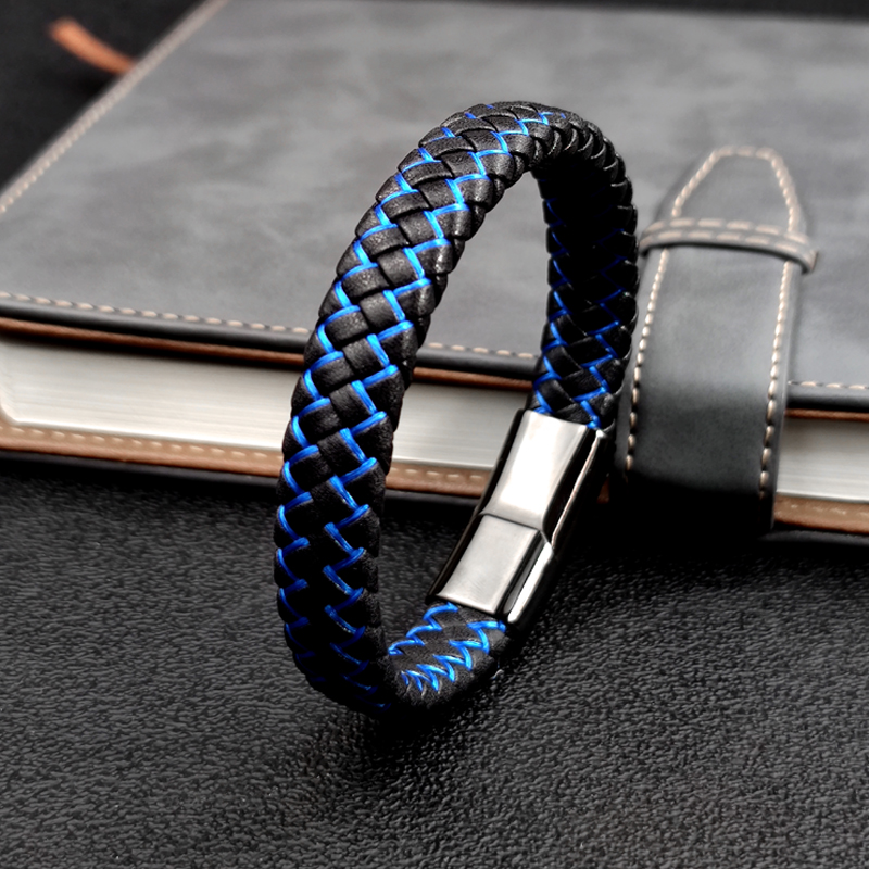 Nowa bezpłatna nazwa własna niebieska/czerwona skóra prosty urok biznes mężczyźni skórzana pleciona bransoletka ze stali nierdzewnej Bagnet Lock Bangle