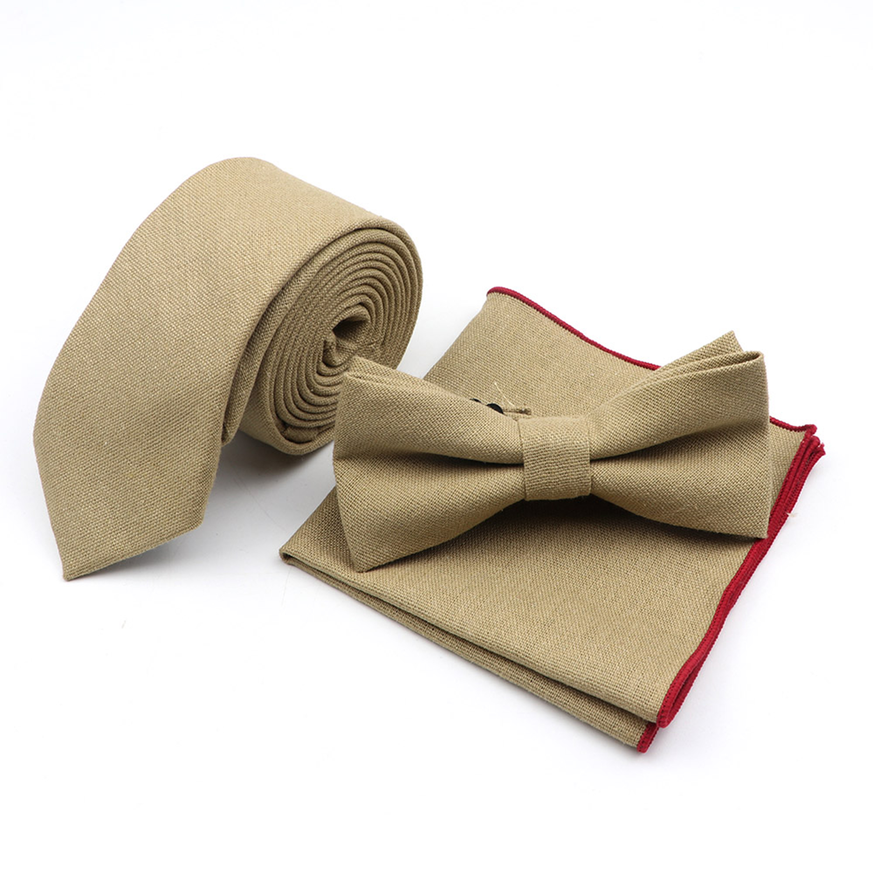Hiver hommes concepteur couleur unie lin coton cravate poche carré noeud papillon ensemble maigre rouge marron vert bleu pour hommes cravate de mariage
