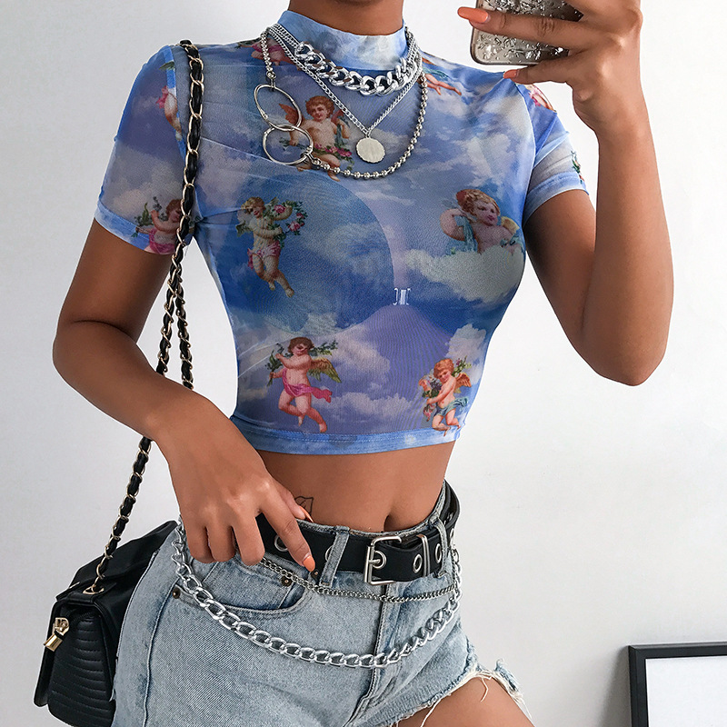 Angel Print Mesh Sexy Fashion T Shirt Crop Top High Neck Short Sleeve Graphic Tees Women Streetwear Harajuku Shirts Hot Sale