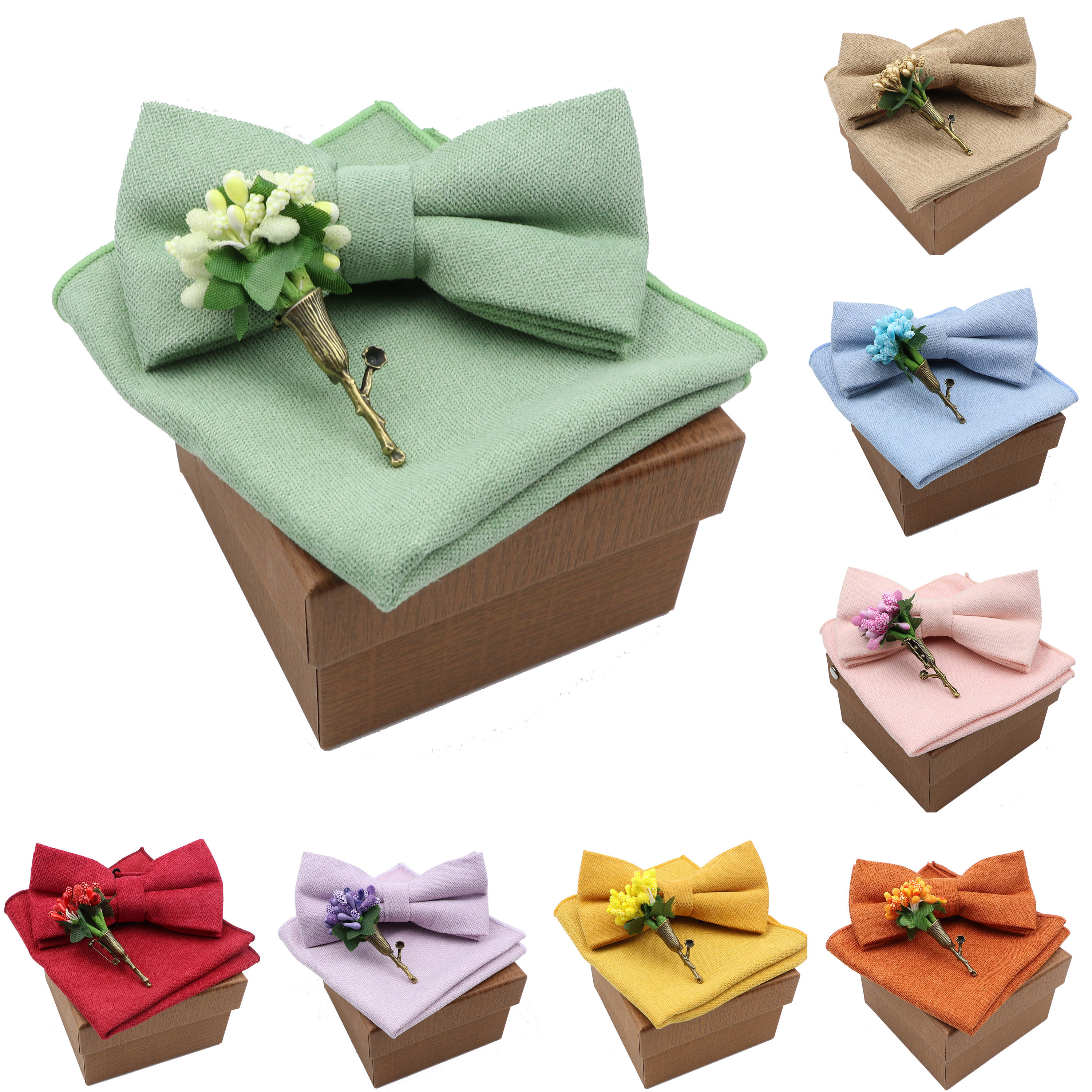 Set di spille a forma di fiore con fazzoletto in cotone tinta unita per uomo donna festa matrimonio blu rosa verde papillon novità cravatte regalo