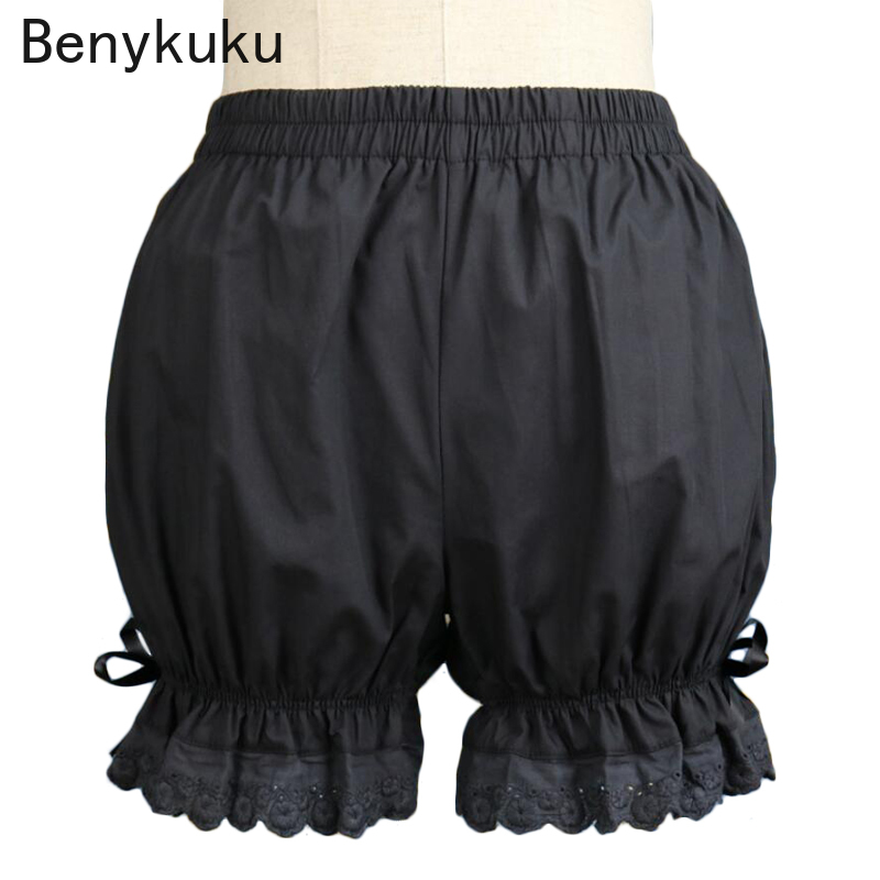 สตรี Vintage Victorian Sweet Lolita กางเกงขาสั้นเอวฝ้าย Bloomers กับลูกไม้ Trim หญิงโบว์สีดำ Underpant