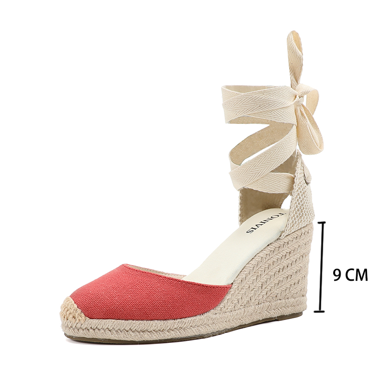 Dames wedges espadrille zomerschoenen rond rood voor dames 2022, aanbieding gehaast 7-9 cm sandalen sandalias mujer up wedge enkelbandje