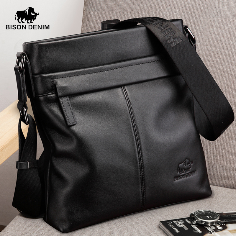 BISON DENIM Merk Mannen Schoudertas Echt Leer 10.5 "Ipad Zwart Koeienhuid Crossbody Tas voor Mannen Casual Messenger Bags