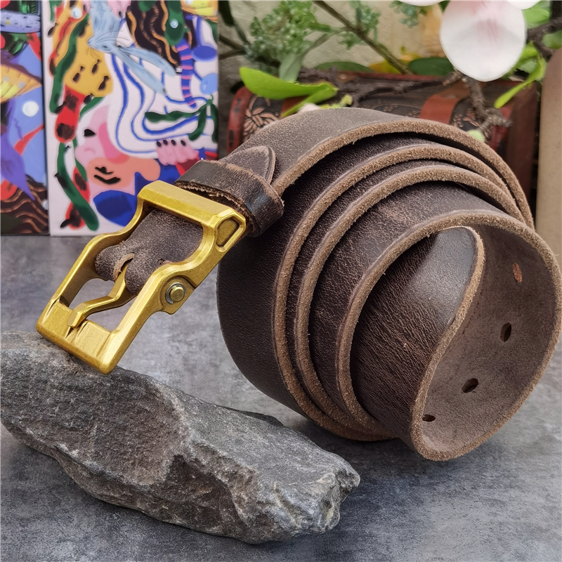 Cinturón de latón macizo para hombre, hebilla de estilo Retro, cinturón de cuero grueso, cinturón Vintage de cintura larga, MBT0133