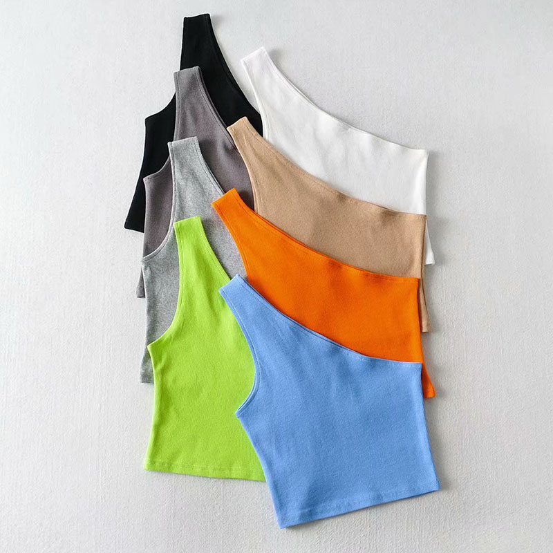 หนึ่งไหล่ Cropped Tanks Top ผู้หญิงฤดูร้อนแขนกุด Camis เซ็กซี่เฉียงยืดหยุ่นรัดตัว Slim Crop Tops Tube Lady