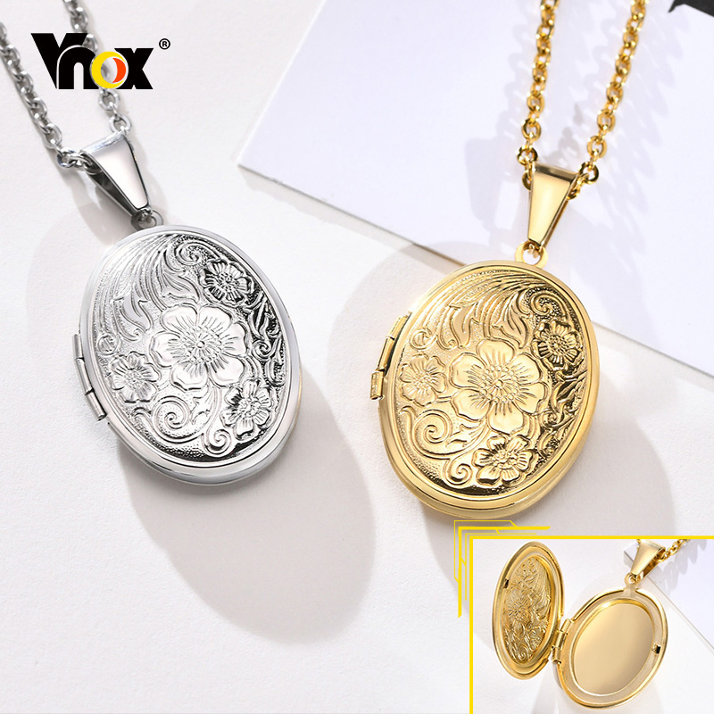 Vnox Monogramme Floral Ovale Coeur Médaillon Pendentif Colliers pour Femmes Hommes, Cadre Photo en Acier Inox Promesse Amour Collier souvenir