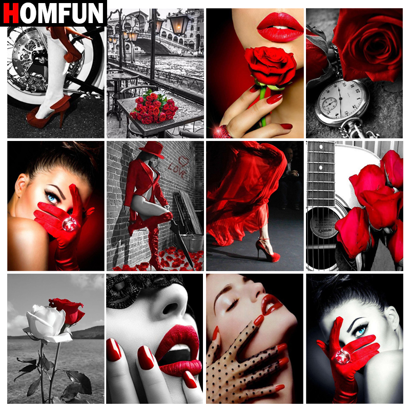 HOMFUN-pintura de diamante artesanal "personaje mujer rojo", bordado de diamantes redondos y cuadrados, decoración de punto de cruz 5D para el hogar