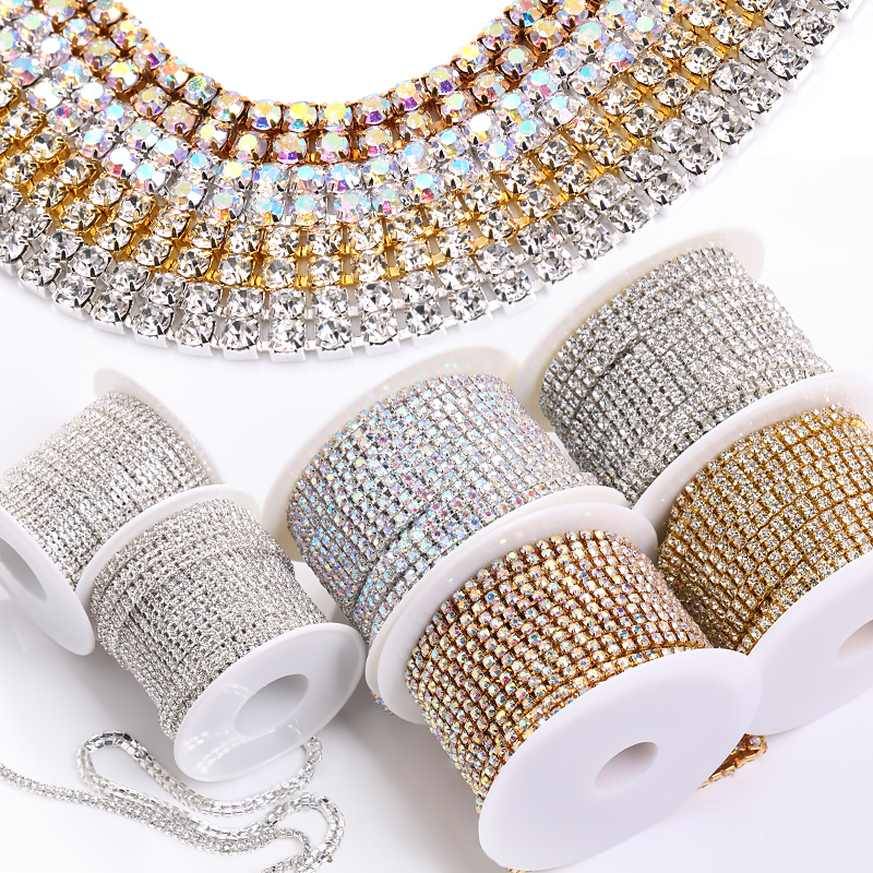 Cadena de diamantes de imitación de doble fila, accesorios de ropa de oro y plata, costura/pegamento, cadena de copa densa, 1 yarda, SS6, SS8, SS12, SS16