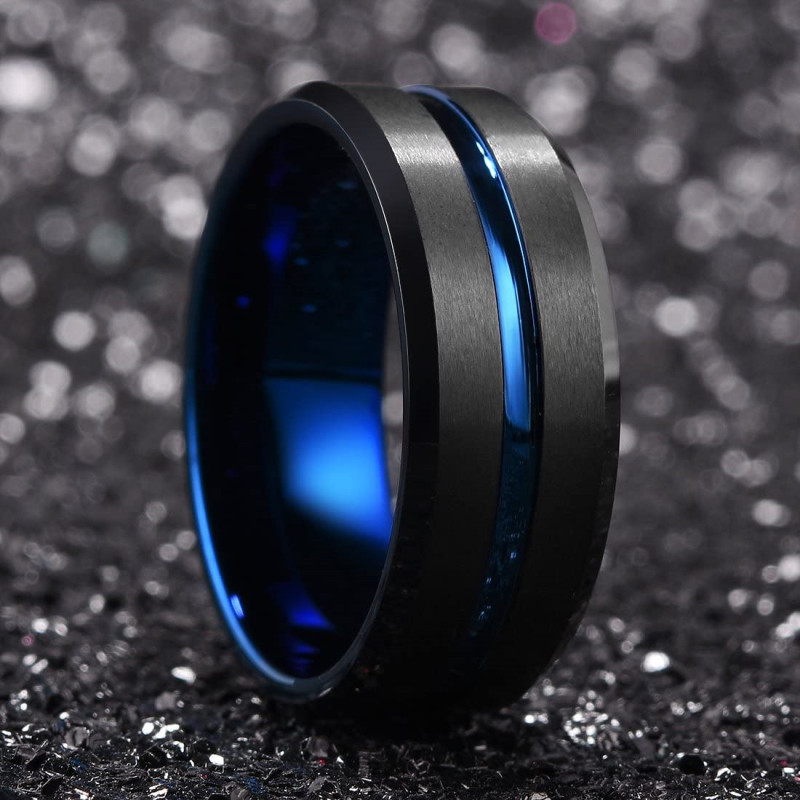 Thời Trang 8Mm Nam Mắt Hổ Đen Cưới Ban Nhạc Nhẫn Rãnh Đen Vát Cạnh Nhẫn Đính Hôn Cho Nam Valentine quà Tặng