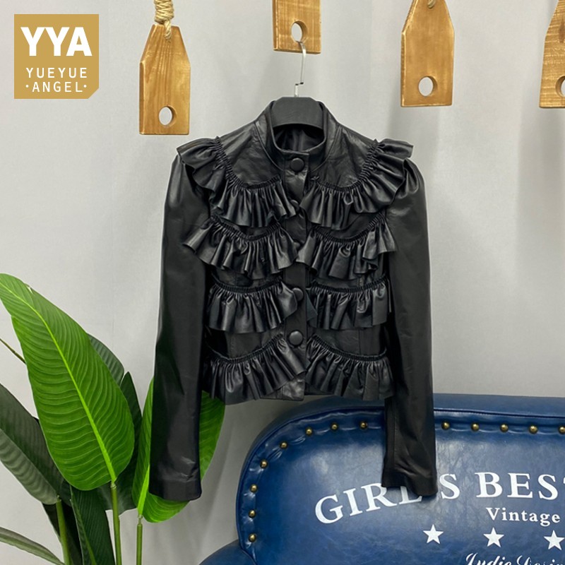 Chaqueta corta de cintura alta con volantes plisados y cuello levantado para mujer, abrigo recortado de piel de oveja auténtica, chaquetas ajustadas a la moda, S-3XL