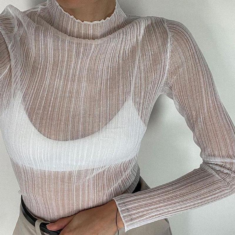 2024 herbst Elegante Durchsichtig Langarm Mock Neck Frauen Tops Mode Streetwear Sexy T-Shirts Tees Schlanke Kleidung