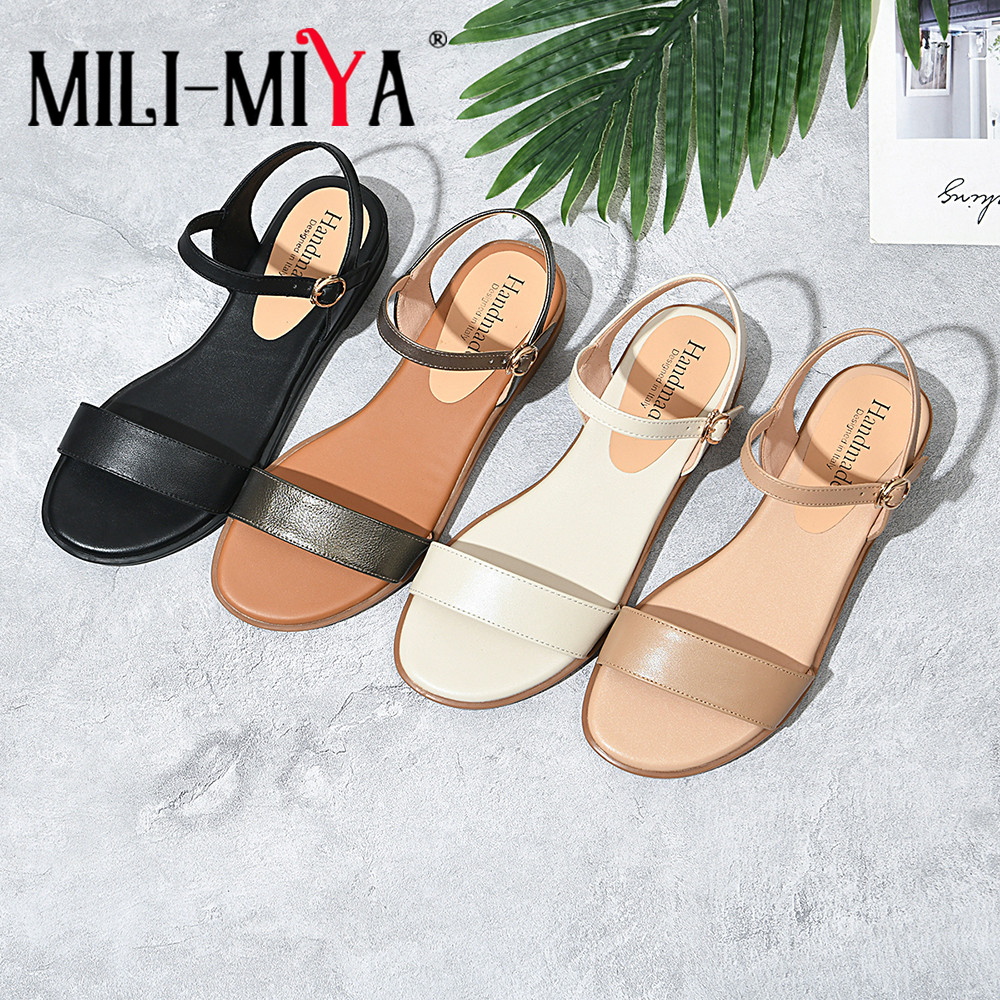 MILI-MIYA Diskon Besar Sandal Wanita Gladiator Sapi Asli Tali Gesper Kulit Merek Top Wanita Musim Panas Pantai Sepatu Flat Buatan Tangan