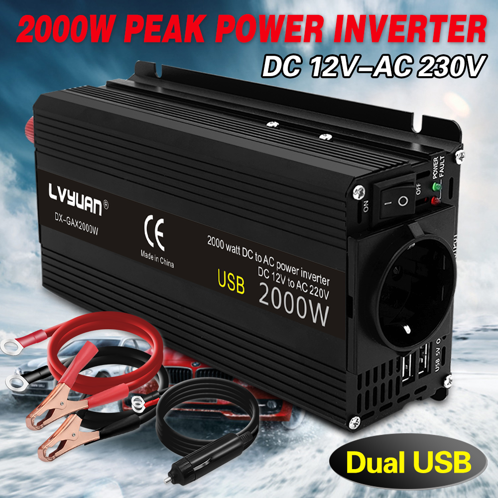 Inversor de corriente de 2000W, convertidor de voltaje Solar de cc 12V a CA 220V 2300V, Enchufe europeo para encendedor de cigarrillos de coche, Accesorios Negros para automóviles