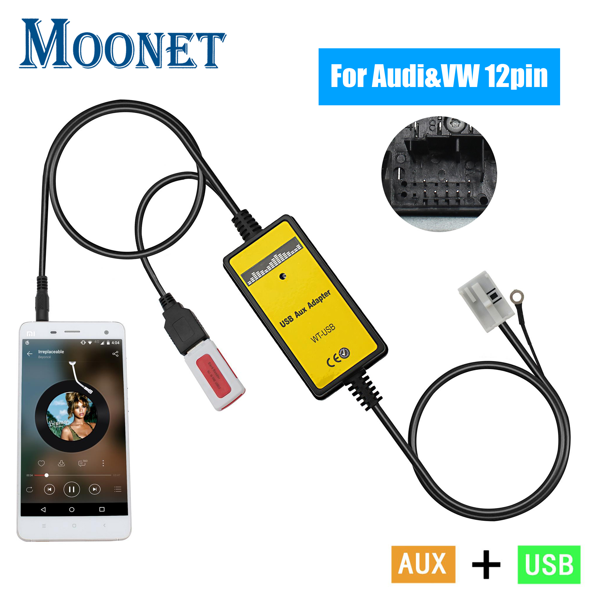 Adaptador de Entrada USB AUX para Reproductor de CD MP3 para Auto Moonet, Compatible con Audi y Volkswagen Tiguan, Touran, T5, Golf, Passat, Skoda (12 pines)