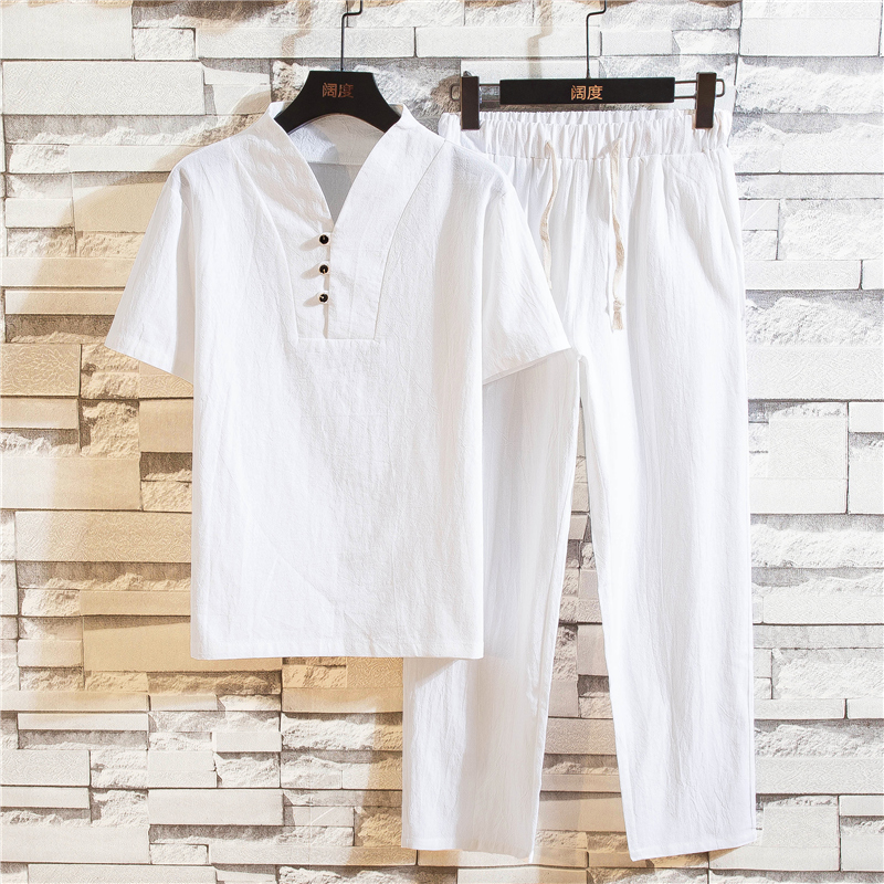 (Camisa + pantalones) Camisa de verano 2025 para hombre, camisas de algodón y lino para hombre, camisas casuales de manga corta para hombre, un conjunto de ropa M-5XL
