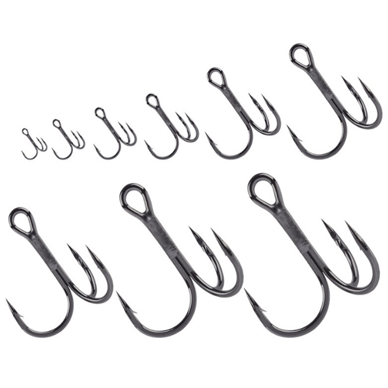 10 unids/lote anzuelo de pesca triple afilado fuerte curva redonda amplia espacio anzuelos de púas de acero alto en carbono para señuelos cebos tamaño 2 # -10 #