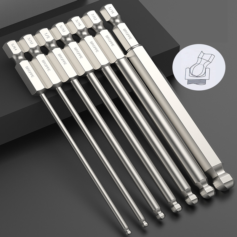 7 pçs 100mm sae bola final hex chave de fenda bits conjunto 5/64-5/16 Polegada s2 liga de aço magnético bola cabeça driver bit