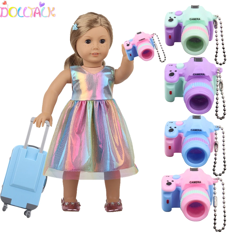 Mode Puppe Accessoires Kleidung Reise Pu Koffer für 18 ''amerikanische Spielzeuge für Mädchen Geschenk Mini-Kamera, 43 cm wieder geborene Puppen