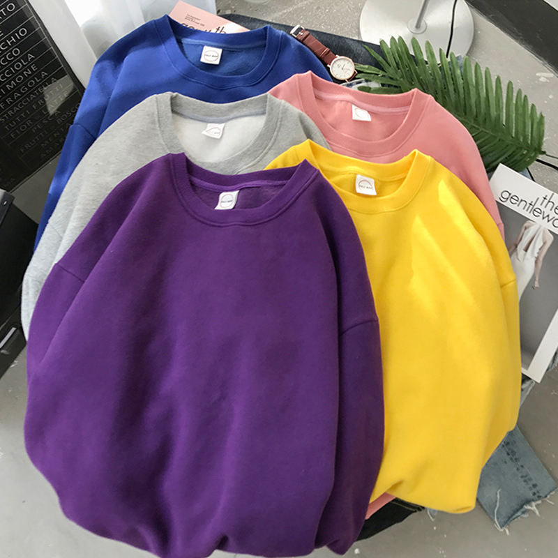 Sudadera con cuello redondo de Color liso para mujer, Sudadera con capucha informal holgada, ropa de calle estética Harajuku, jersey de terciopelo, Tops blancos, Pop Coreano
