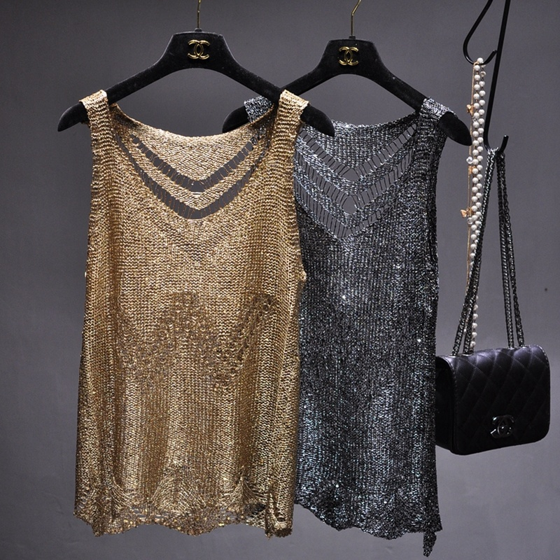 Paillettes Sexy Scava Fuori Seta Leggera Condole Cintura Gilet Oro Senza Maniche Cappotto di Lavoro A Maglia Top Mujer Verano 2024 Cuore Cut-Out Top