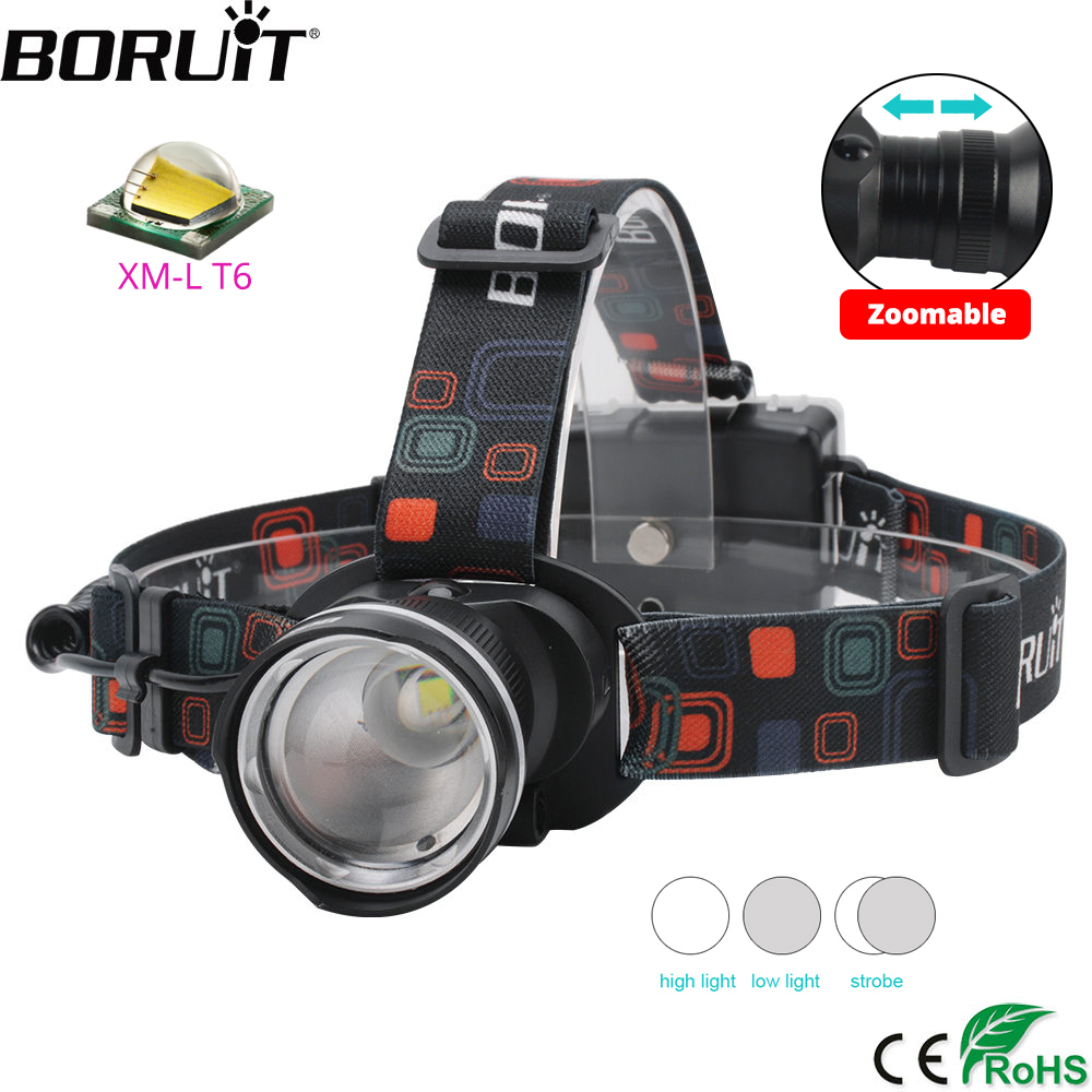 BORUiT RJ-2166 Zoom-Stirnlampe, LED, leistungsstarker Scheinwerfer, wasserdichte Stirnlampe, Camping, Jagd, Taschenlampe, Verwendung einer AA-Batterie