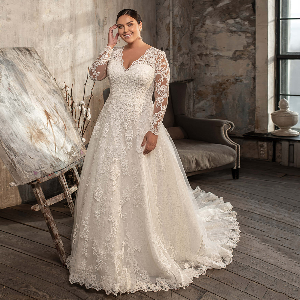 Bescheidenes Brautkleid in Übergröße mit langen Ärmeln für die Braut, maßgeschneidert, V-Ausschnitt, Spitze, Glitzer, Spitze, A-Linie, lange Schleppe, Korsett-Brautkleider