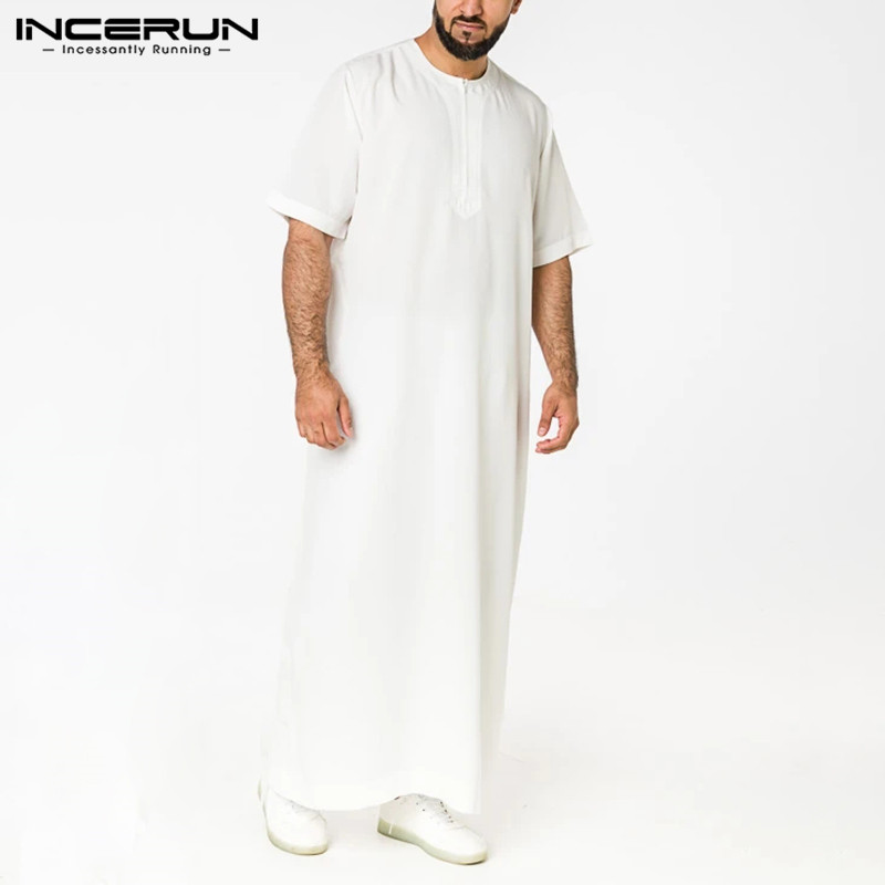 INCERUN-batas de Color liso para hombre, ropa islámica árabe musulmana de manga corta con cremallera, estilo saudita, Thobe Jubba, Vintage, cuello redondo, 5XL