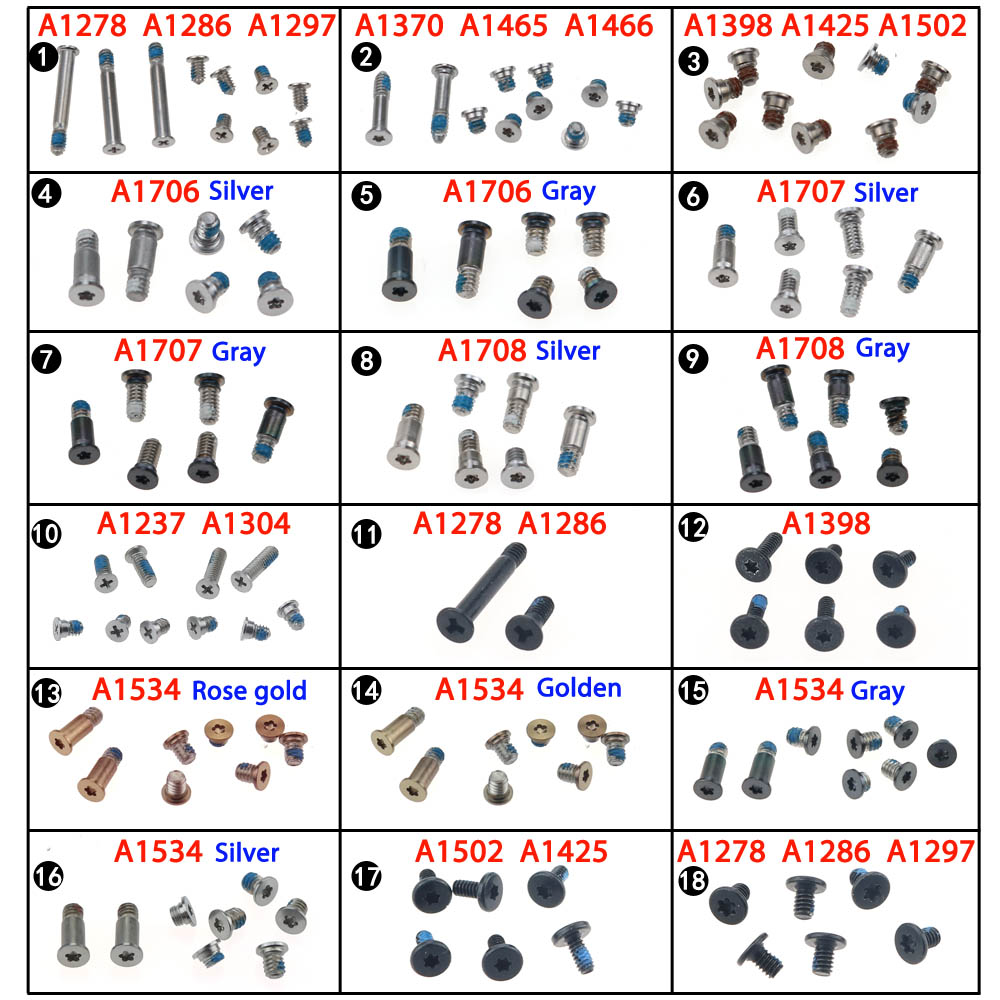 Jeu de vis pour boîtier inférieur d'ordinateur portable, pour Macbook Pro Retina A1278 A1286 A1297 A1398 A1425 A1502 A1706 A1707 A1708 A1534