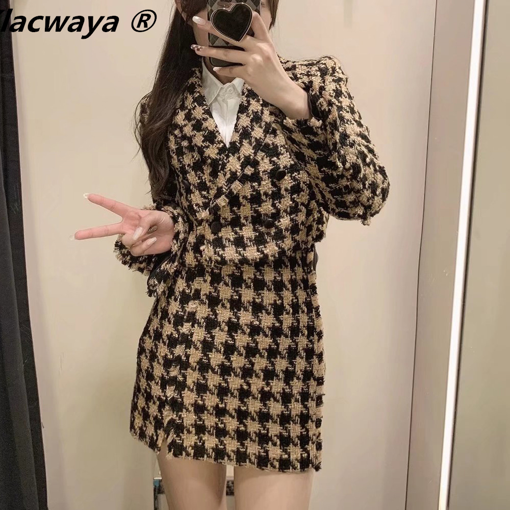 Klacwaya Tweed Set woman Two-Pieces Chic Plaid Suits With Skirt Women Autumn 2021 High-Waisted Skirt Cropped Blazer Sets