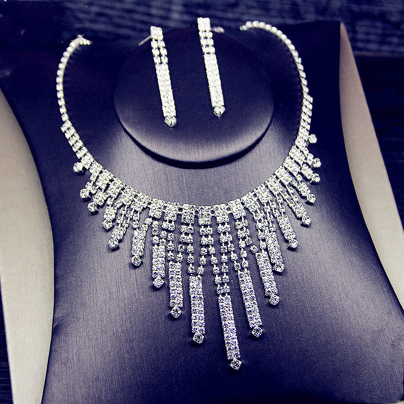 FYUAN Mewah Geometris Kalung Berlian Imitasi Anting-Anting Untuk Wanita Panjang Rumbai Bridal Pernikahan Perhiasan Set