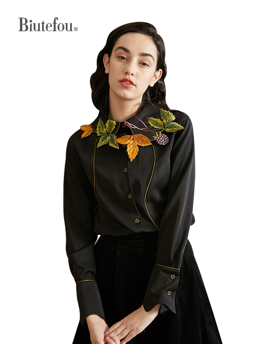 Chemise brodée en forme de baies de feuilles pour femmes, design original, printemps et automne