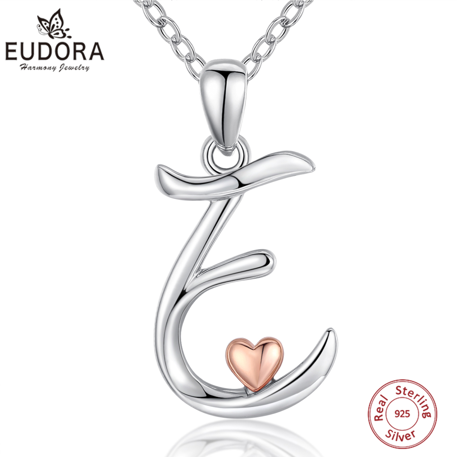 Eudora – collier avec pendentif lettre initiale en argent Sterling pour femmes et hommes, couleur or Rose, cœur, lettre, nom, ras du cou, bijoux cadeau