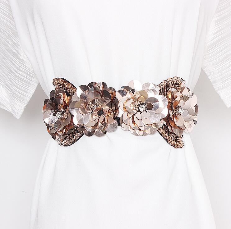 Women's runway fashion sequins flower beaded elastic Cummerbunds female Dress Corsets Waistband Belts decoration wide belt R2844