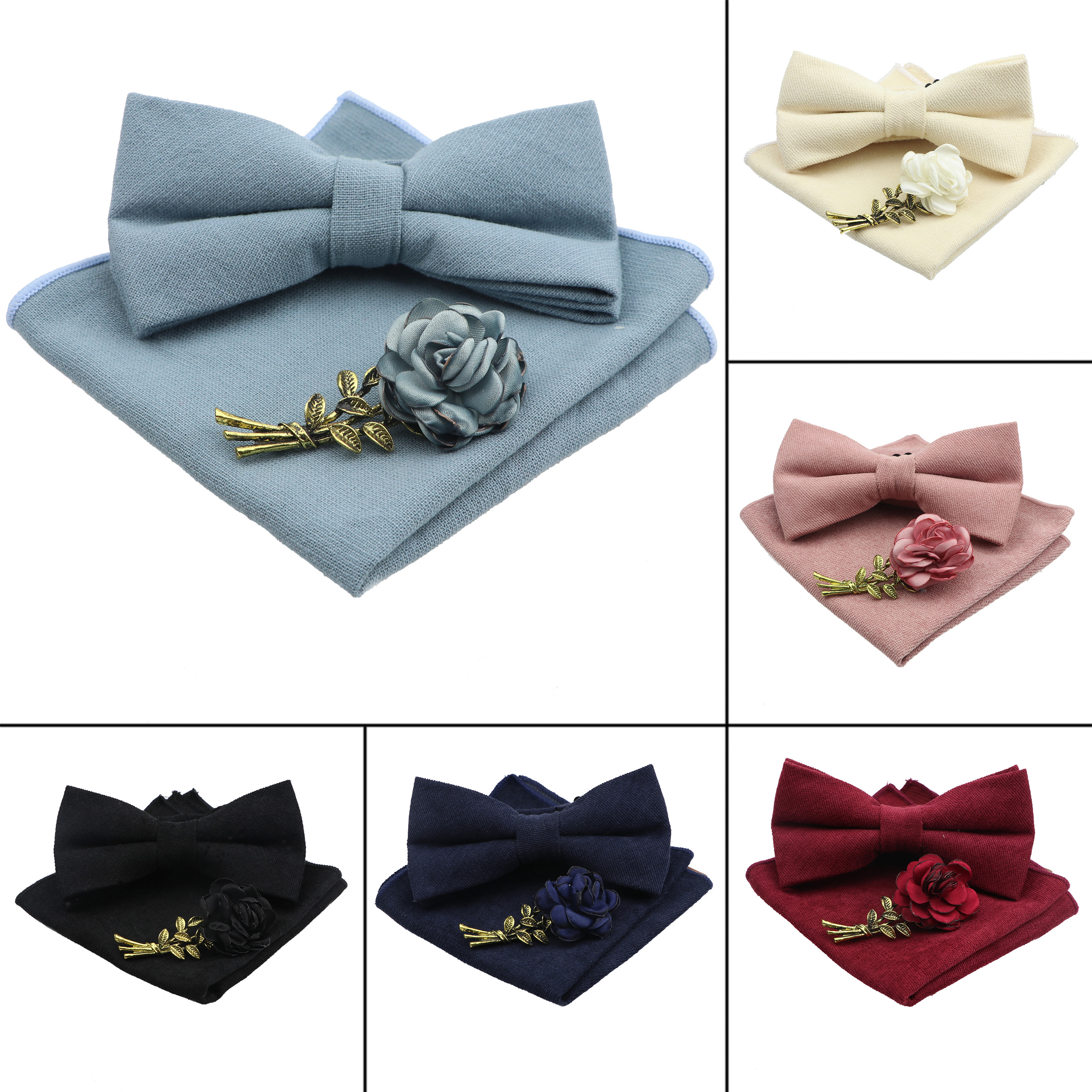 Effen Kleur Katoen Bowtie Zakdoek Broche Set Mannen Bloem Vlinder Party Bruiloft Blauw Roze Wit Strikjes Novelty Ties Gift