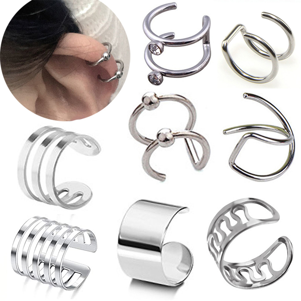 2pcs แฟชั่นสแตนเลส Punk ROCK EAR CLIP Cuff Wrap ต่างหูไม่เจาะ-คลิปบนกระดูกอ่อนห่อต่างหูปลอม
