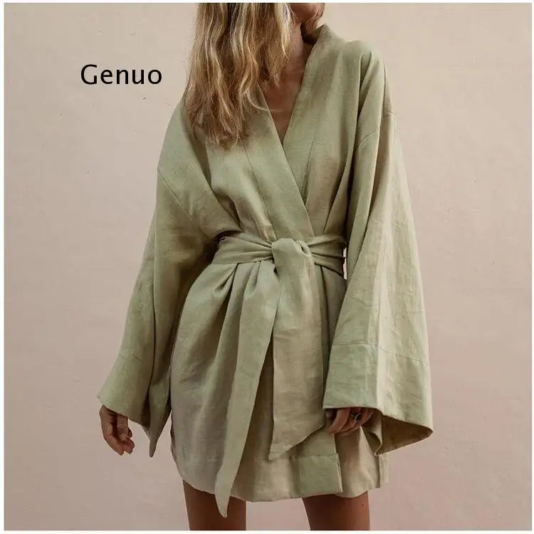 Vestido corto de lino y algodón para mujer, minivestido tipo Kimono con cuello en V, manga larga, con cordones, holgado, para verano