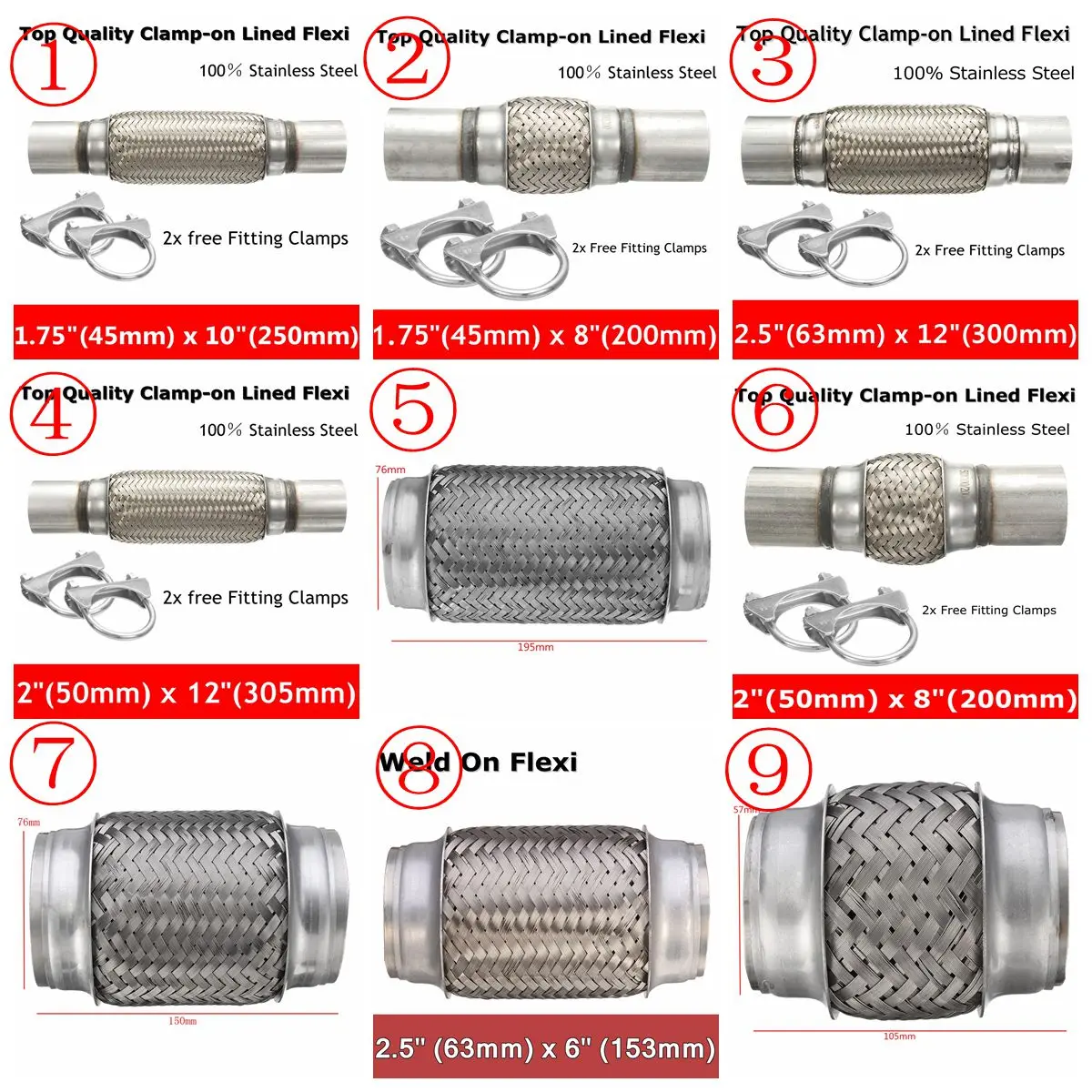NUEVO Tubo Flexible de Escape de Acero Inoxidable, Junta Flexible para Reparación, Tubería Flexible 300x63 50mm 250x45mm 200x76 50 46mm 150x76 63mm 100 57mm