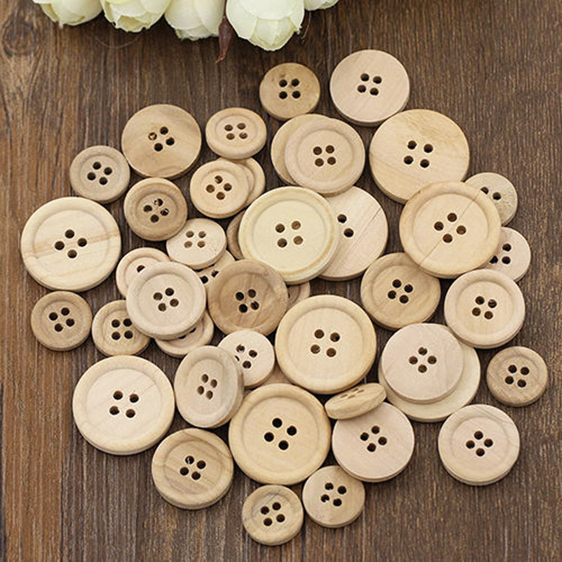 50 peças botões de madeira cor natural redondos 4 furos botões costura scrapbooking casa diy acessórios de costura 15/20/25mm