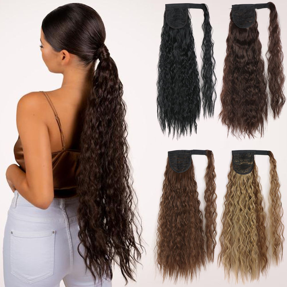 Synthetische Lange Mais Wellig Pferdeschwanz-haar Haarteil Wrap auf Haar Clip Ombre Braun Blonde Haar Extensions Pony Schwanz