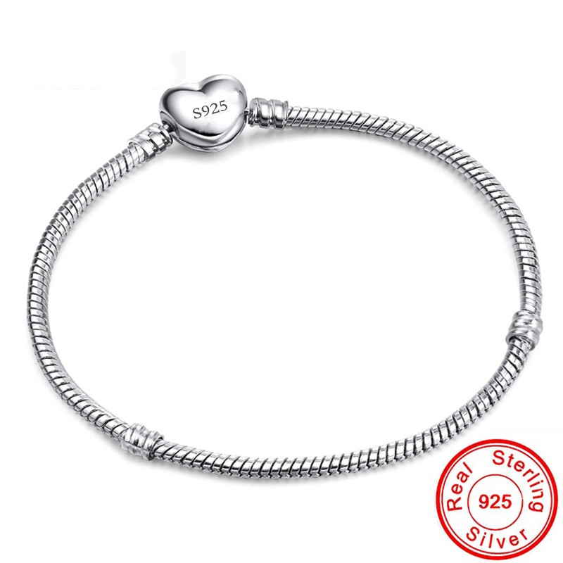 Handgemaakte Sieraden Echt 925 Sterling Zilveren Charm Armband Glad Hartvorm Armbanden Voor Vrouwen Mannen Diy Sieraden 16-23Cm