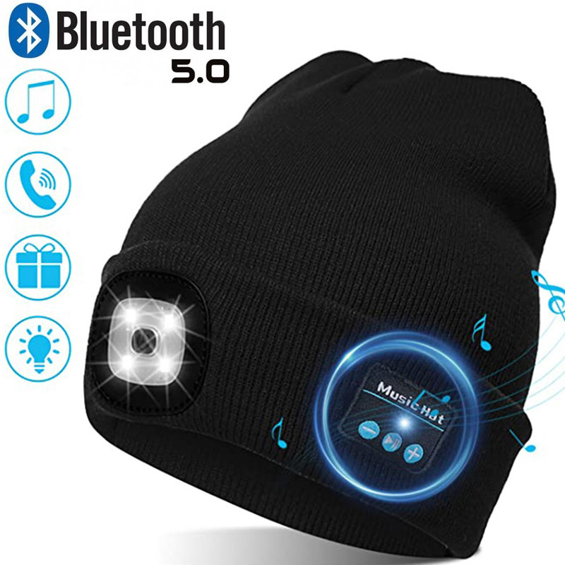 Gorro cálido con Bluetooth 5,0, gorro LED, auriculares estéreo inalámbricos, reproductor de música con micrófono para soporte manos libres, atenuación recargable