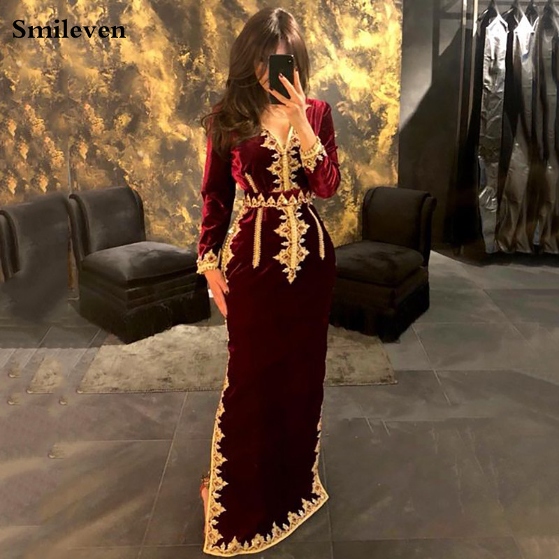 Smileven Morocco Caftan Evening Dresses V Neck Mermaid Prom Dress Velvet Long Sleeve Formal Evening Party Dress Customized
